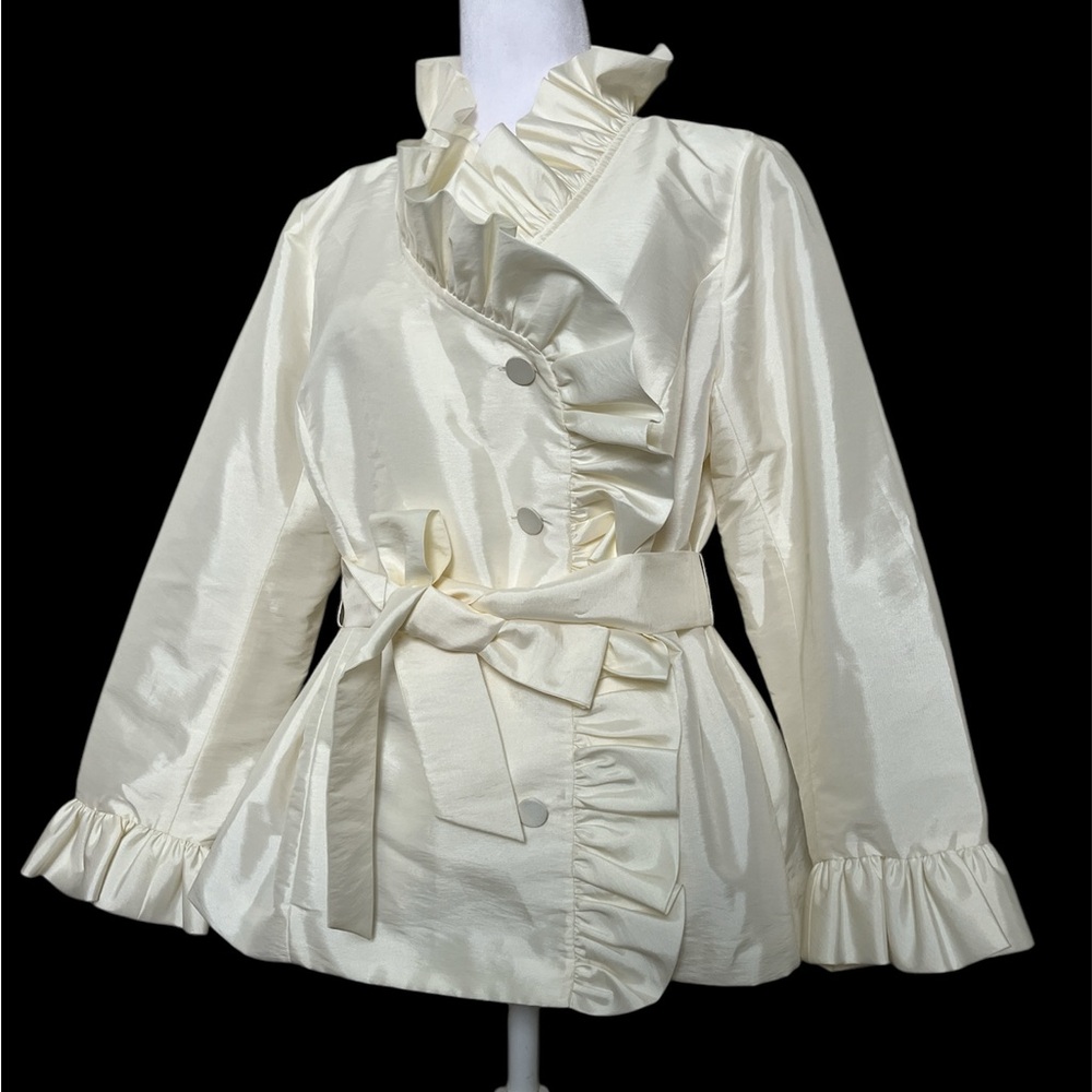 Women's Ruffle-Trim Cream Satin Jacket with Tie Waist - Picture 2 of 10